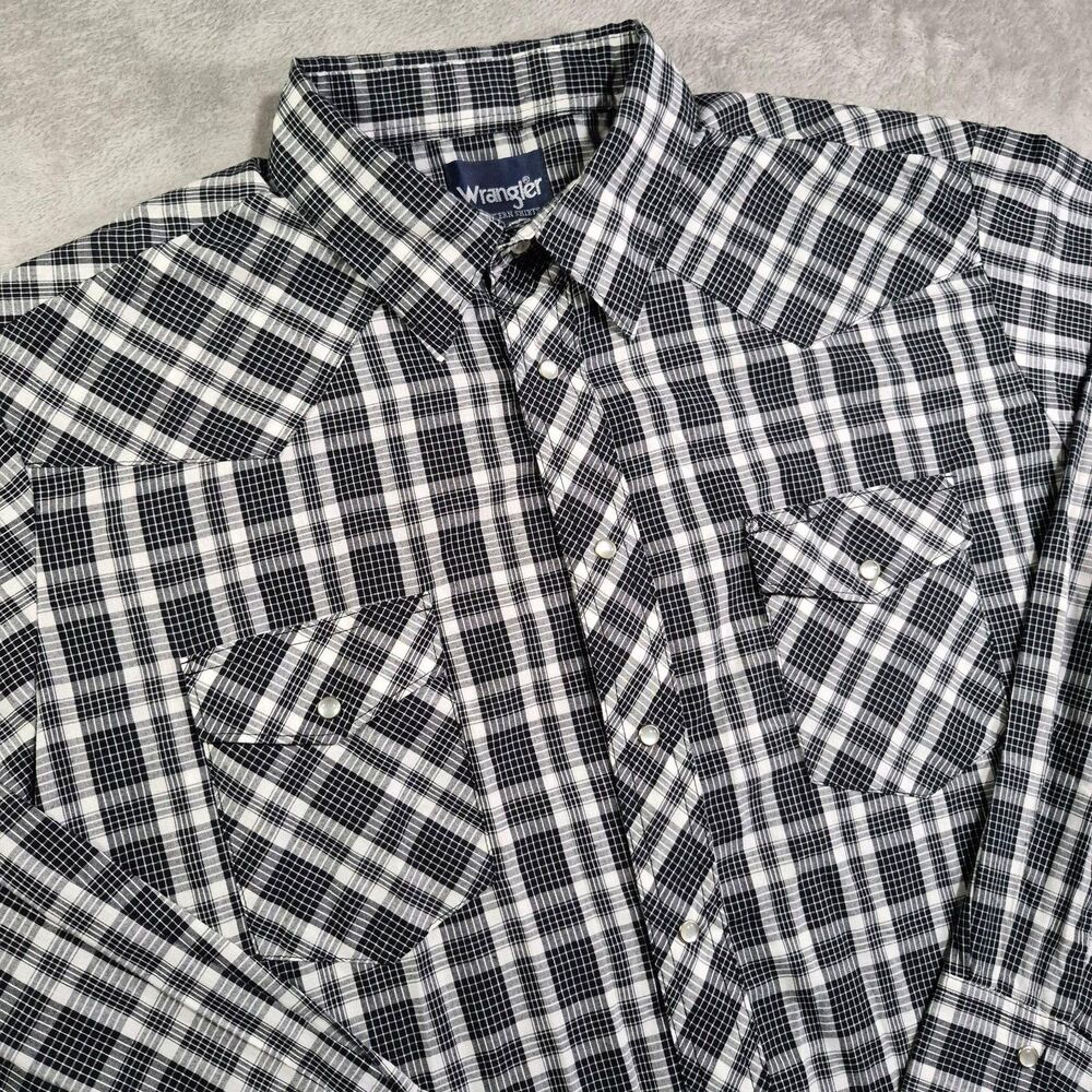 Wrangler Shirt Mens XL Black White Plaid Long Sleeve Western Pearl Snap Cowboy